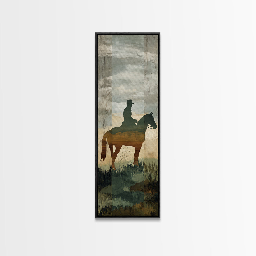 Horse and Rider Silhouette at Dusk Framed Canvas Print, Country Art, Neutral Decor, Farmhouse Decor, Fine Art, Country, COU-1x3-29