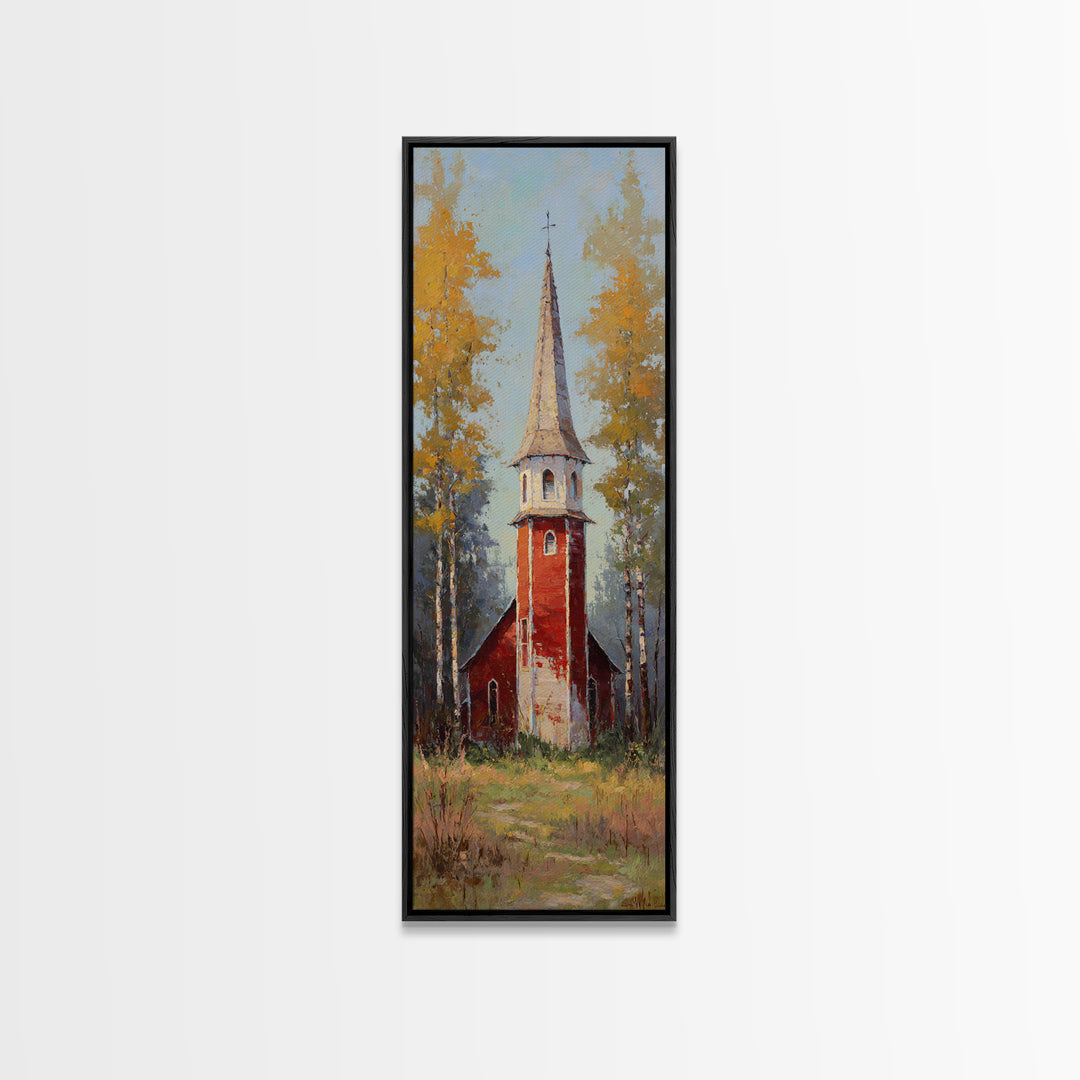 Country Church Steeple Beyond Trees Framed Canvas Print, Country Art, Art Prints, Farmhouse Decor, Watercolor Art, Country, COU-1x3-31