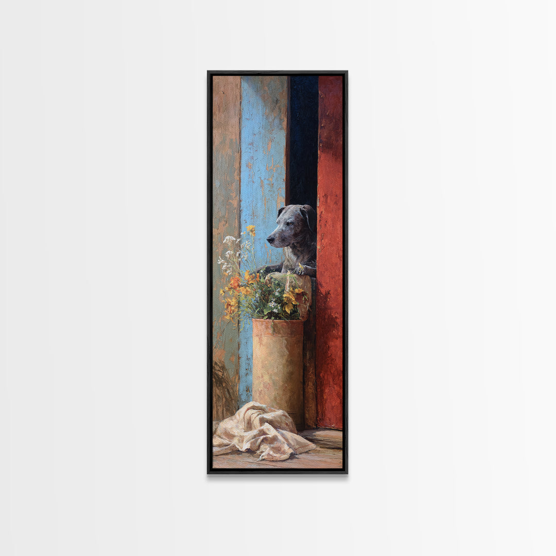 Dog Resting Beside a Porch Flower Pot Framed Canvas Print, Country Art, French Country Decor, Farmhouse Decor, Country, COU-1x3-34