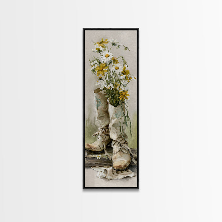 Weathered Boots with Wildflowers Tucked Inside Framed Canvas Print, Country Art, Modern Decor, Farmhouse Decor, Oil Painting, COU-1x3-4