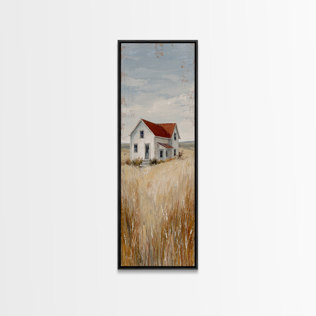 White Farmhouse Surrounded by Tall Grass Framed Canvas Print, Country Art, Gallery Wall Art, Farmhouse Decor, Fine Art, Country, COU-1x3-46