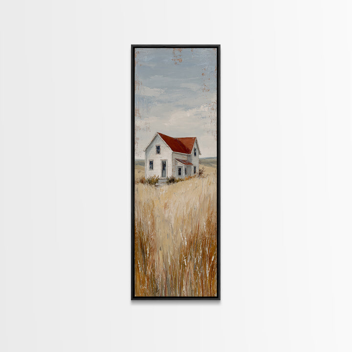 White Farmhouse Surrounded by Tall Grass Framed Canvas Print, Country Art, Gallery Wall Art, Farmhouse Decor, Fine Art, Country, COU-1x3-46