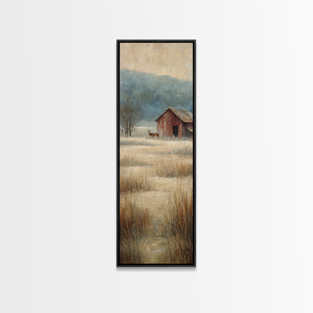 Deer Crossing a Misty Morning Field Framed Canvas Print, Country Art, Oil Painting, Farmhouse Decor, Fine Art, Country, COU-1x3-47