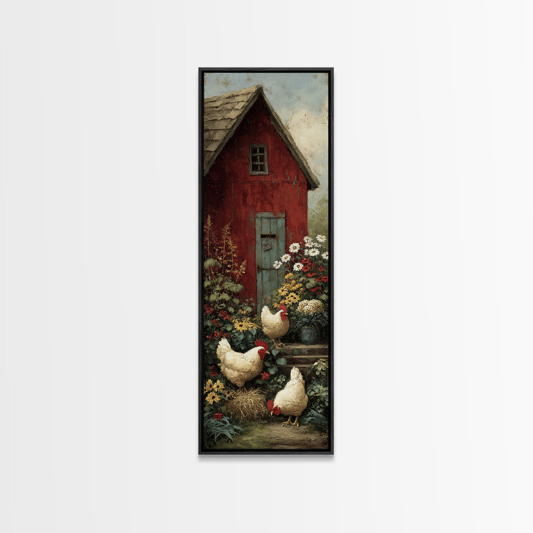 Chickens Pecking Near Garden Flowers Framed Canvas Print, Country Art, Landscape Wall Art, Farmhouse Decor, Watercolor Art, COU-1x3-50