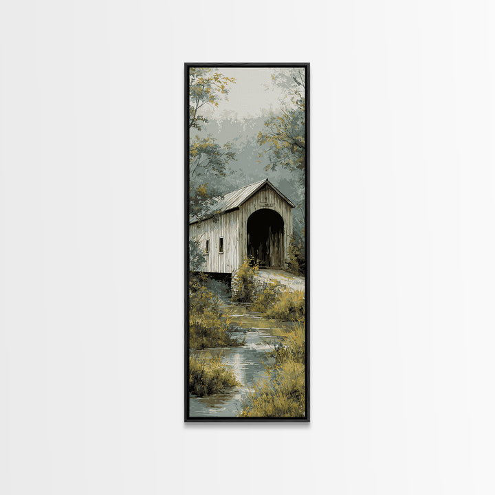 Covered Bridge over a Quiet Creek Canvas Print, Country Art, Farmhouse Decor, Abstract Art, Country, Gallery Wall Art, COU-1x3-51