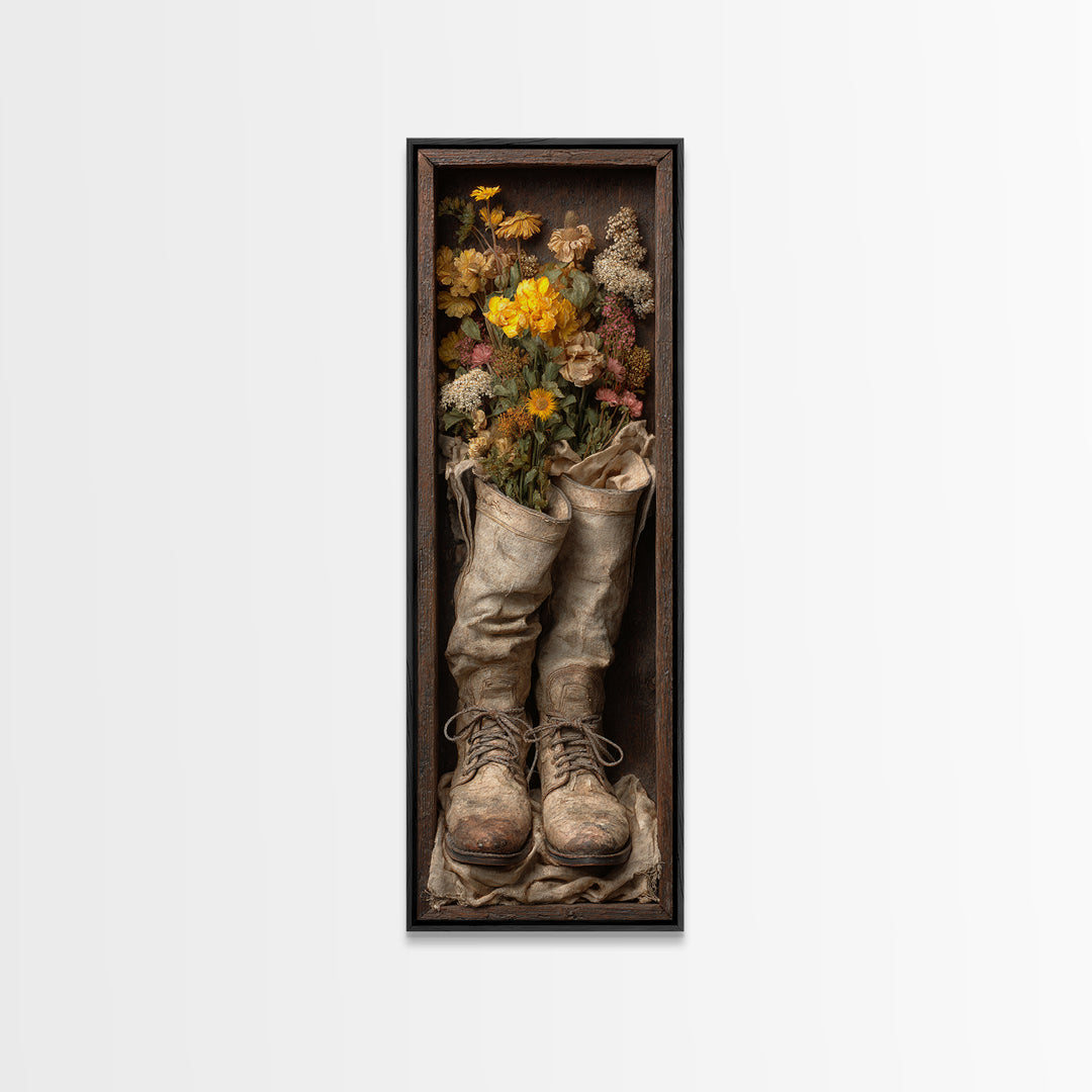 Weathered Boots with Wildflowers Tucked Inside Framed Canvas Print, Country Art, Farmhouse Decor, Watercolor Art, Country, COU-1x3-52