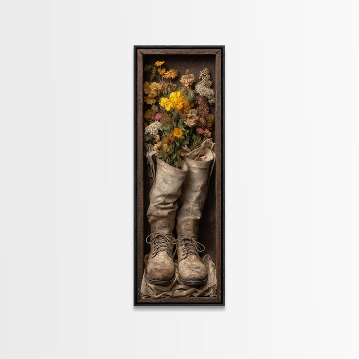 Weathered Boots with Wildflowers Tucked Inside Framed Canvas Print, Country Art, Farmhouse Decor, Watercolor Art, Country, COU-1x3-52