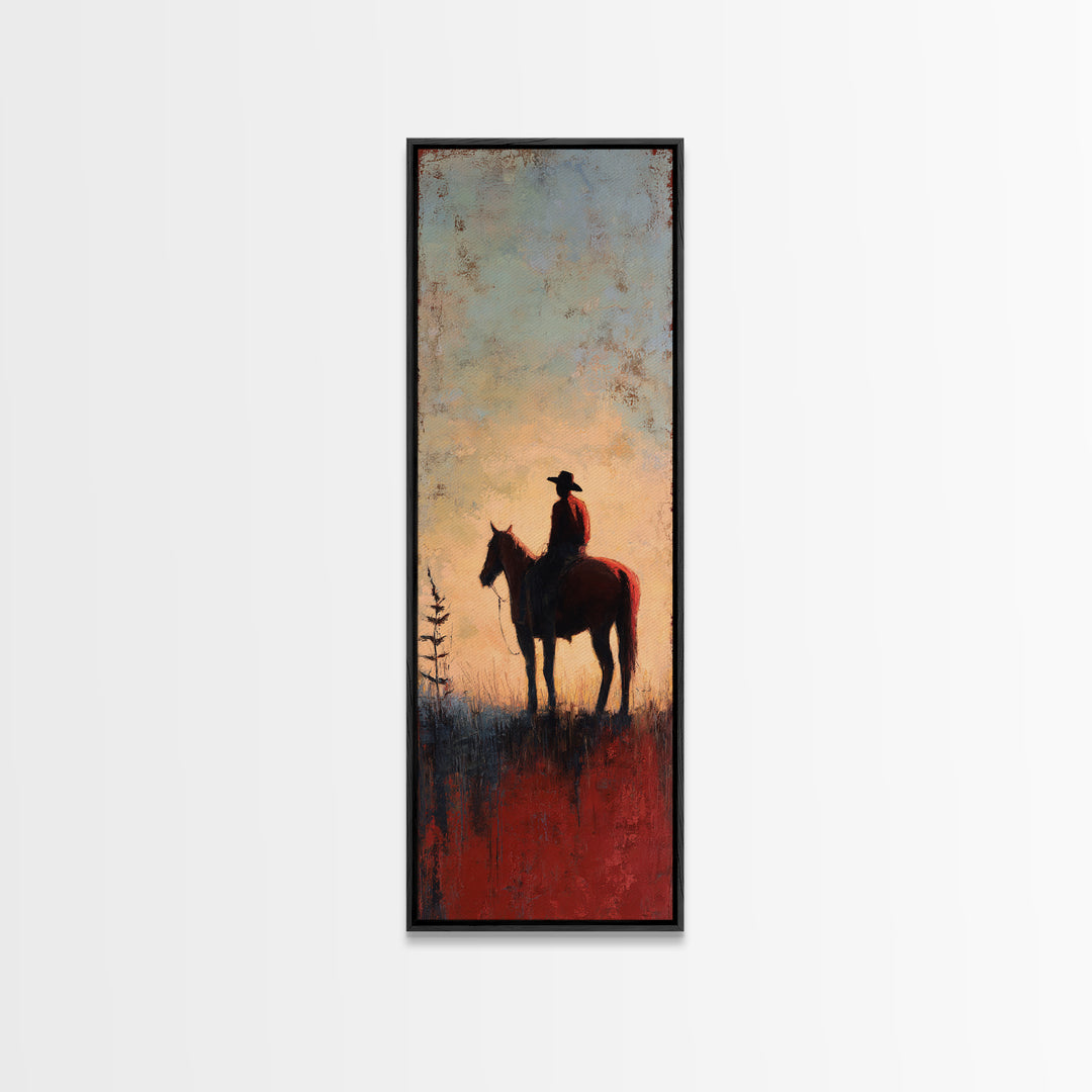 Horse and Rider Silhouette at Dusk Framed Canvas Print, Country Art, Neutral Decor, Farmhouse Decor, Fine Art, Country, COU-1x3-53