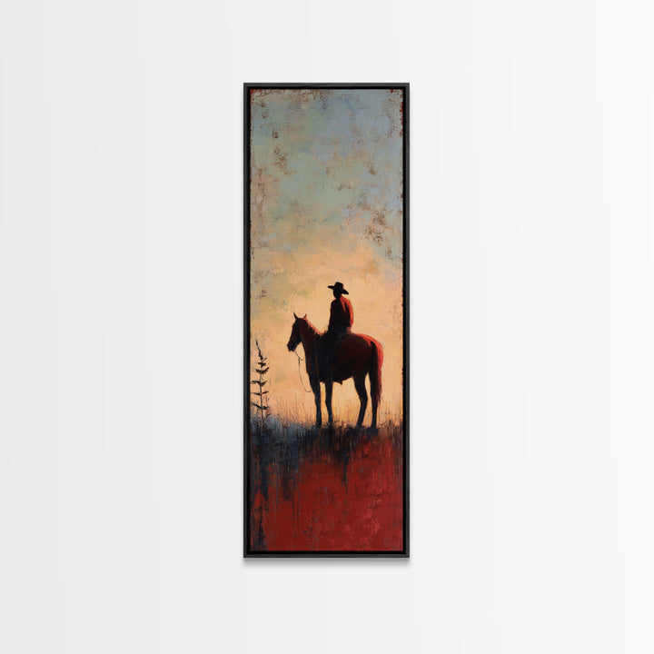 Horse and Rider Silhouette at Dusk Framed Canvas Print, Country Art, Neutral Decor, Farmhouse Decor, Fine Art, Country, COU-1x3-53