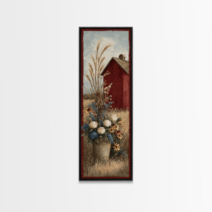 Dog Resting Beside a Porch Flower Pot Framed Canvas Print, Country Art, French Country Decor, Farmhouse Decor, Country, COU-1x3-58