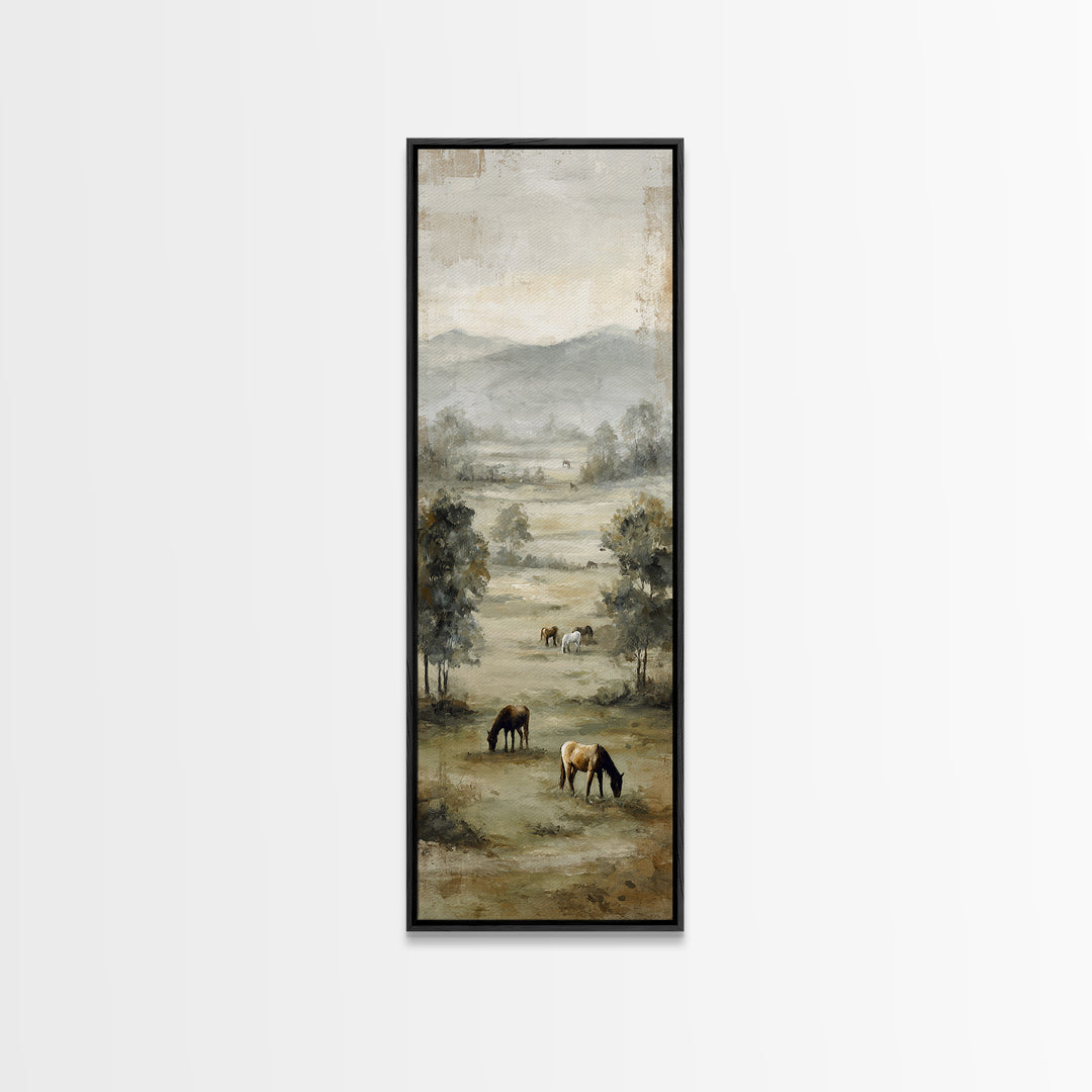 Rolling Pasture with Grazing Horses at Sunrise Framed Canvas Print, Country Art, Textured Painting, Farmhouse Decor, Country, COU-1x3-61