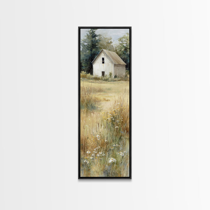 White Farmhouse Surrounded by Tall Grass Framed Canvas Print, Country Art, Gallery Wall Art, Farmhouse Decor, Fine Art, Country, COU-1x3-70