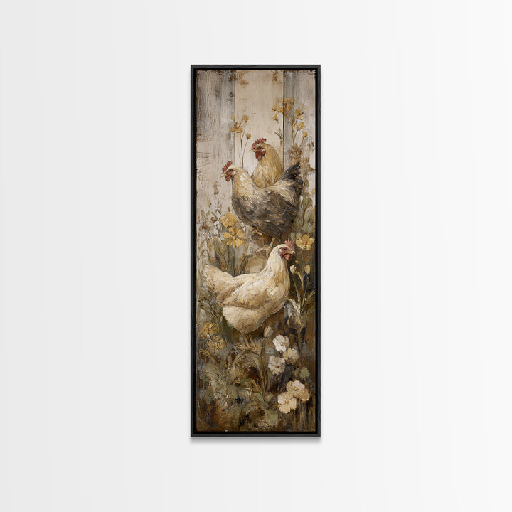 Chickens Pecking Near Garden Flowers Framed Canvas Print, Country Art, Landscape Wall Art, Farmhouse Decor, Watercolor Art, COU-1x3-74