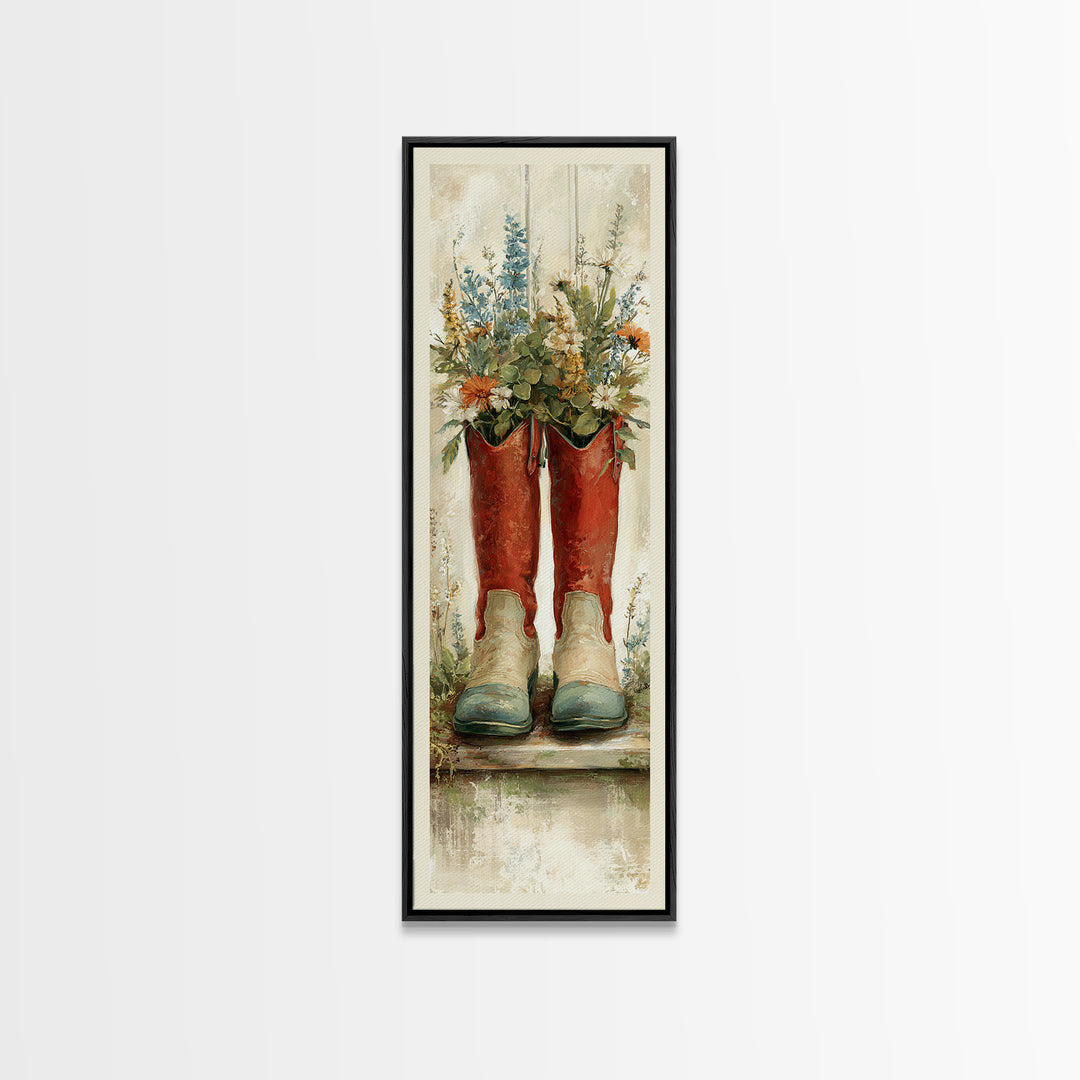 Weathered Boots with Wildflowers Tucked Inside Framed Canvas Print, Country Art, Digital Print, Farmhouse Decor, Country, COU-1x3-76