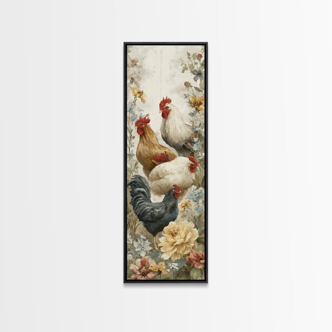 Chickens Pecking Near Garden Flowers Canvas Print, Country Art, Fine Art Print, Farmhouse Decor, Country, Digital Prints, COU-1x3-98