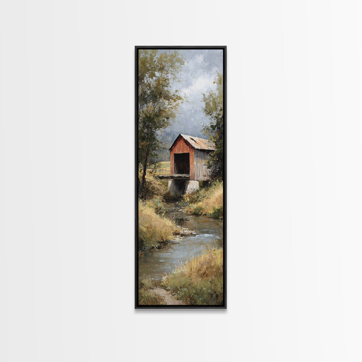 Covered Bridge over a Quiet Creek Canvas Print, Country Art, Farmhouse Wall Art, Farmhouse Decor, Watercolor Art, Country, COU-1x3-99