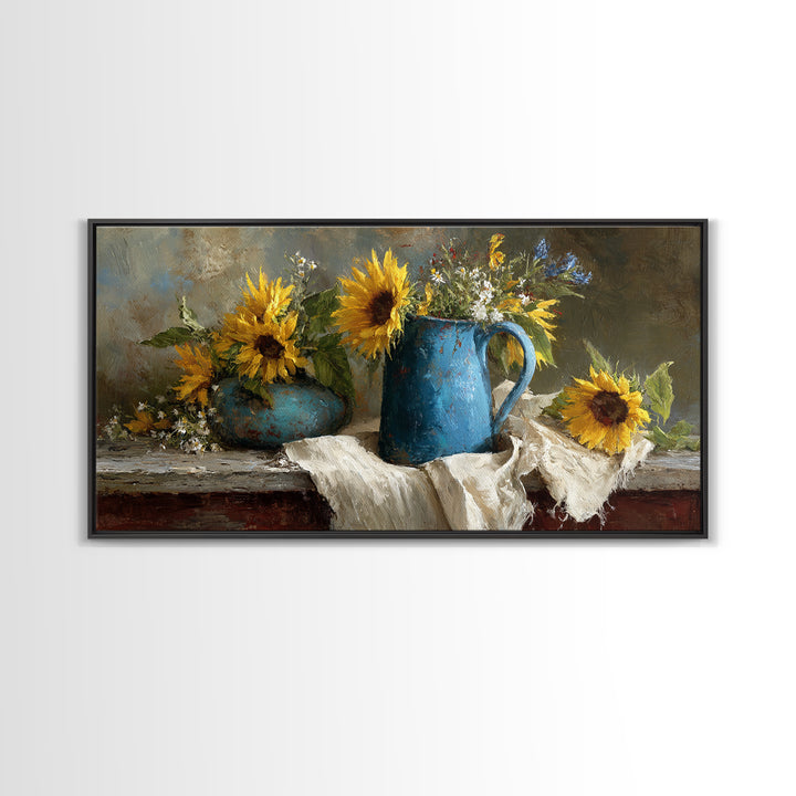 Sunflowers in a Blue Enamel Pitcher Framed Canvas Print, Country Art, Digital Art Prints, Farmhouse Decor, Oil Painting, COU-2x1-100