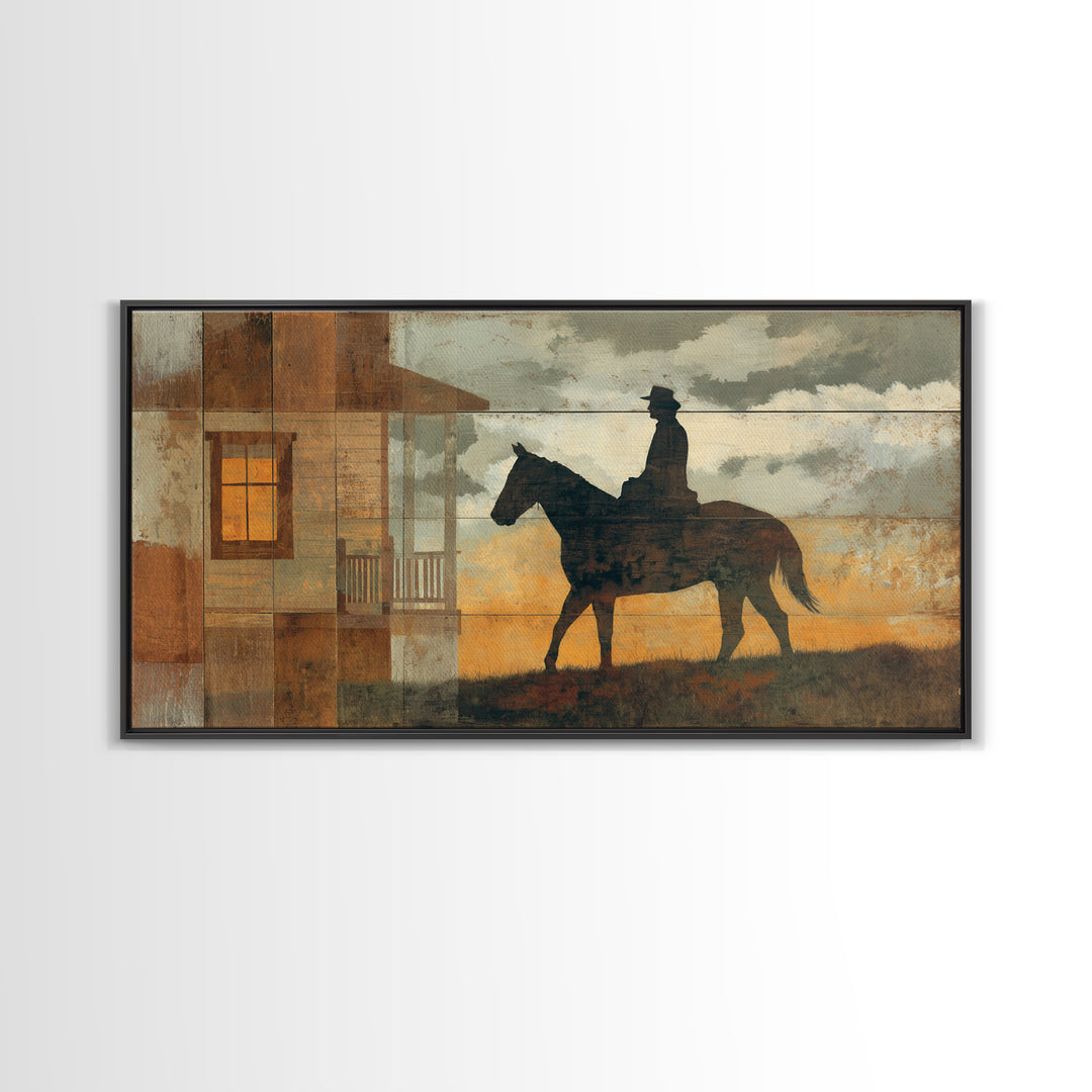 Horse and Rider Silhouette at Dusk Framed Canvas Print, Country Art, Minimalist Decor, Farmhouse Decor, Fine Art, Country, COU-2x1-13