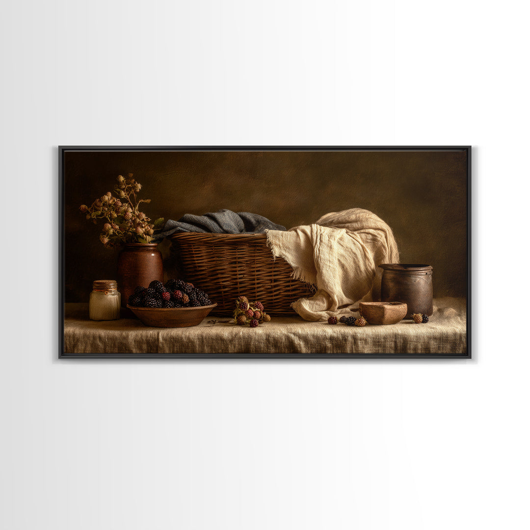 Blackberry Basket with Linen Cloth Canvas Print, Country Art, Contemporary Art, Farmhouse Decor, Abstract Art, Country, COU-2x1-17