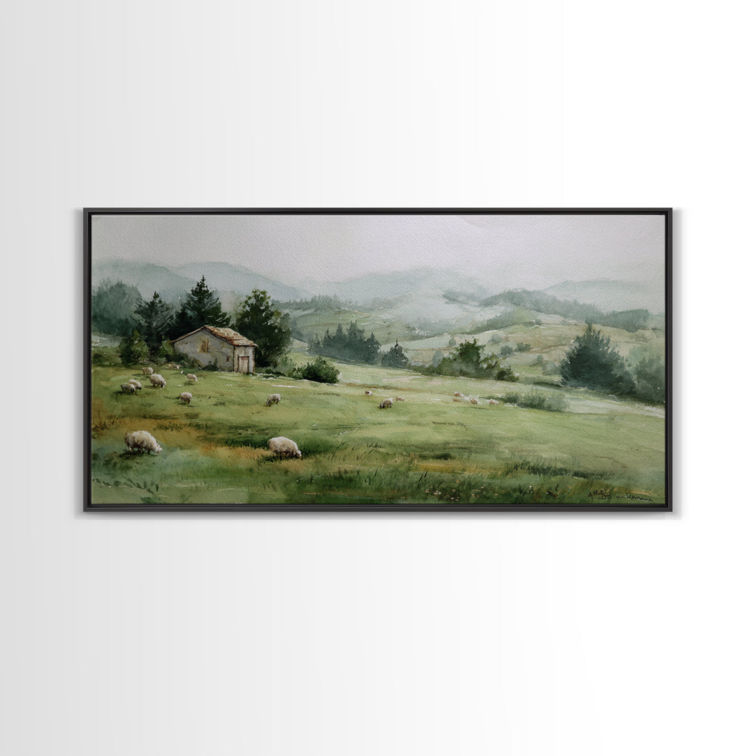 Watercolor Sheep in a Green Pasture Framed Canvas Print, Country Art, French Country, Farmhouse Decor, Fine Art, Country, COU-2x1-19