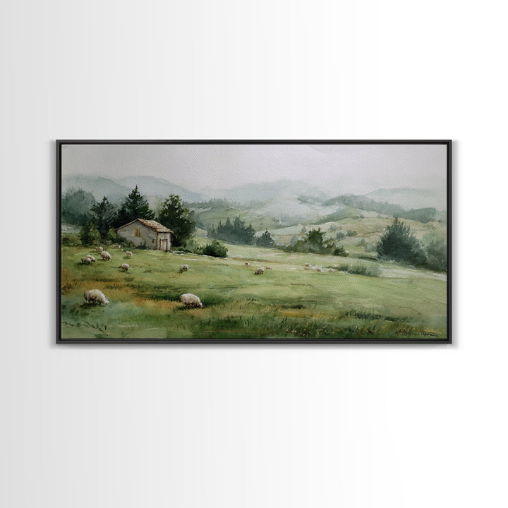 Watercolor Sheep in a Green Pasture Framed Canvas Print, Country Art, French Country, Farmhouse Decor, Fine Art, Country, COU-2x1-19