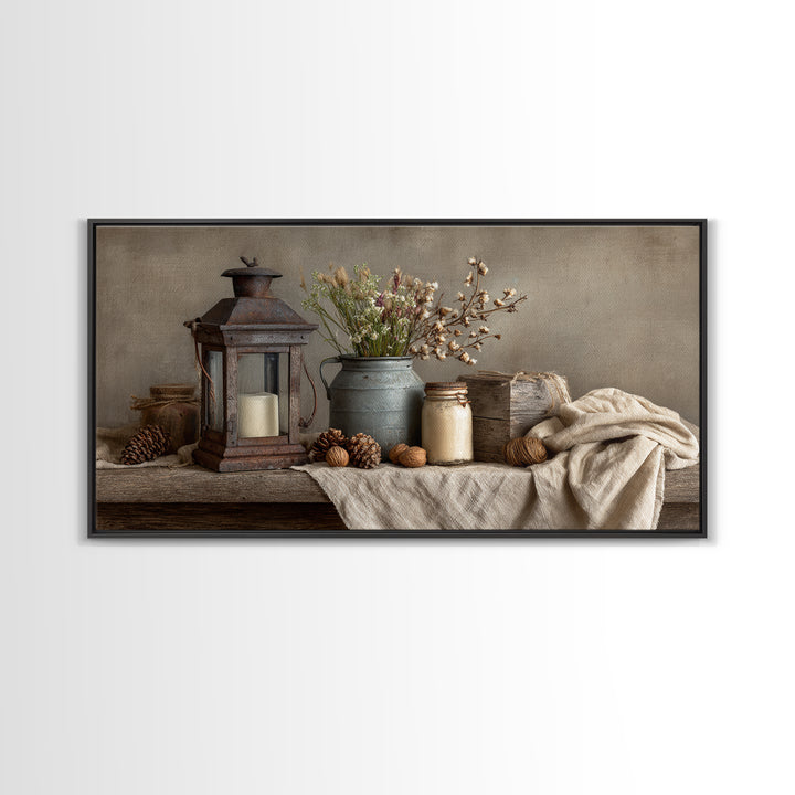 Old Lantern and Pinecones Still Life Framed Canvas Print, Country Art, Fine Art Print, Farmhouse Decor, Fine Art, Country, COU-2x1-20