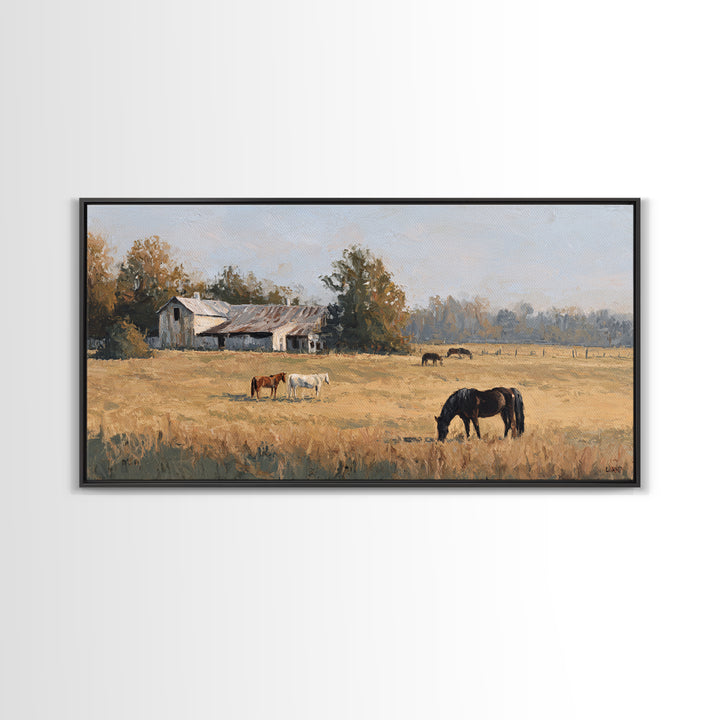 Rolling Pasture with Grazing Horses at Sunrise Canvas Print, Country Art, Wall Art, Farmhouse Decor, Oil Painting, Country, COU-2x1-21