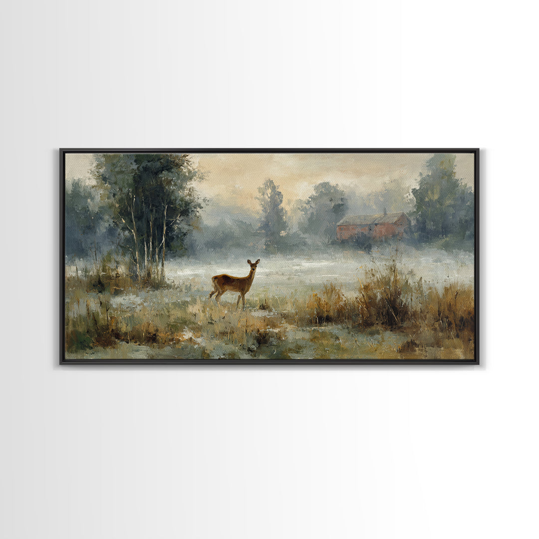 Deer Crossing a Misty Morning Field Canvas Print, Country Art, Original Painting, Farmhouse Decor, Fine Art, Country, COU-2x1-31