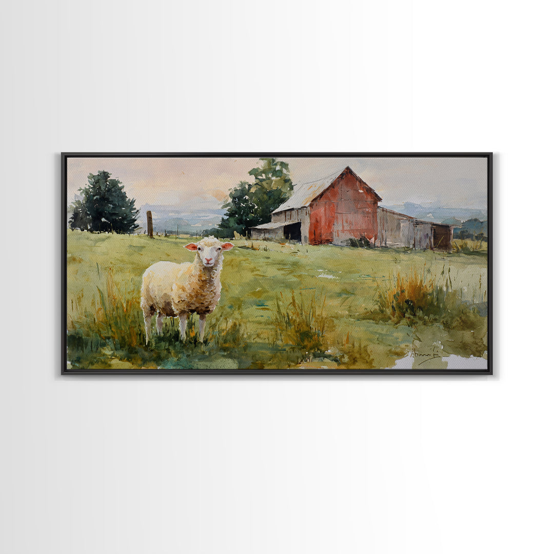 Watercolor Sheep in a Green Pasture Framed Canvas Print, Country Art, Art Prints, Farmhouse Decor, Fine Art, Country, COU-2x1-43