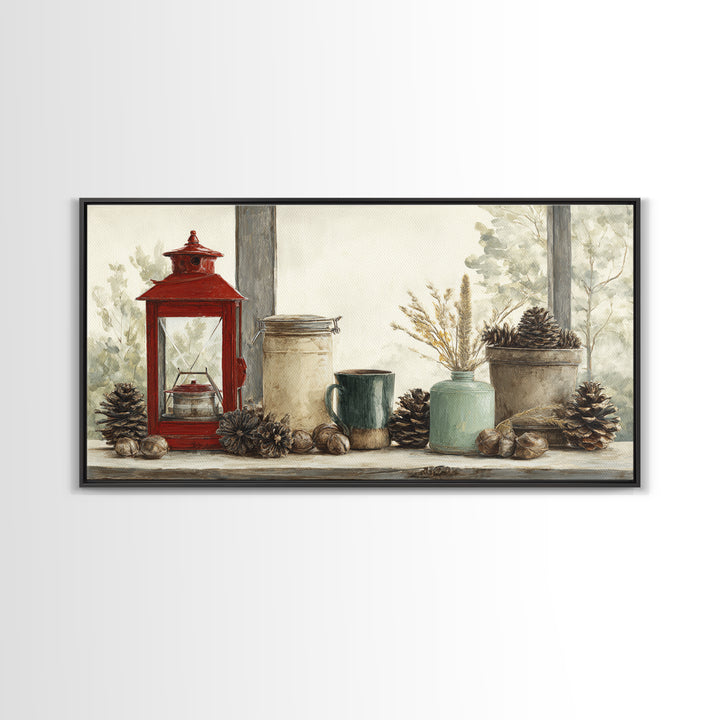 Old Lantern and Pinecones Still Life Canvas Print, Country Art, Textured Painting, Farmhouse Decor, Abstract Art, Country, COU-2x1-44