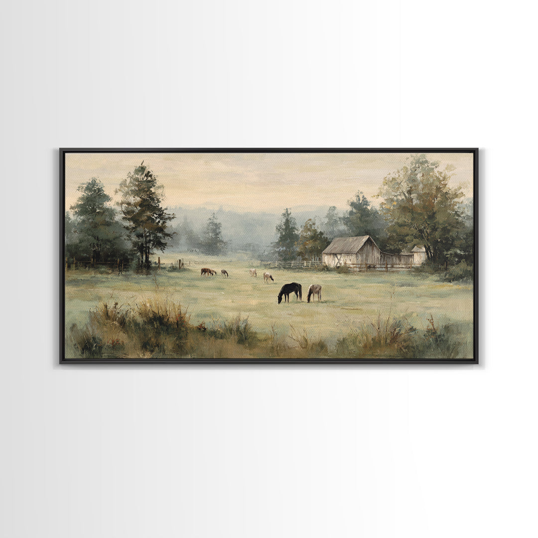 Rolling Pasture with Grazing Horses at Sunrise Framed Canvas Print, Country Art, Art Print, Farmhouse Decor, Fine Art, Country, COU-2x1-45