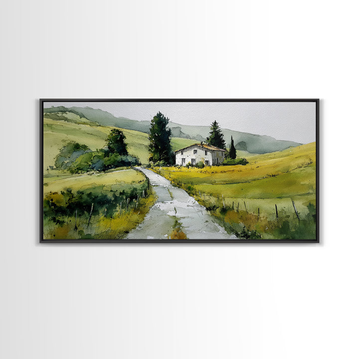 Country Road Disappearing into Green Hills Framed Canvas Print, Country Art, Farmhouse Decor, Watercolor Art, Country, COU-2x1-51