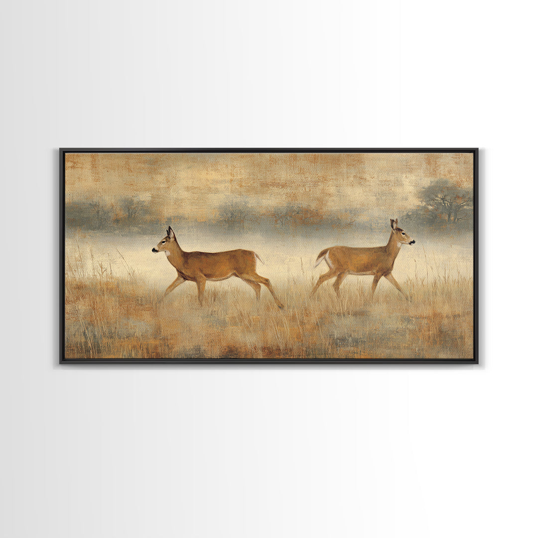 Deer Crossing a Misty Morning Field Framed Canvas Print, Country Art, Printable Art, Farmhouse Decor, Fine Art, Country, COU-2x1-55