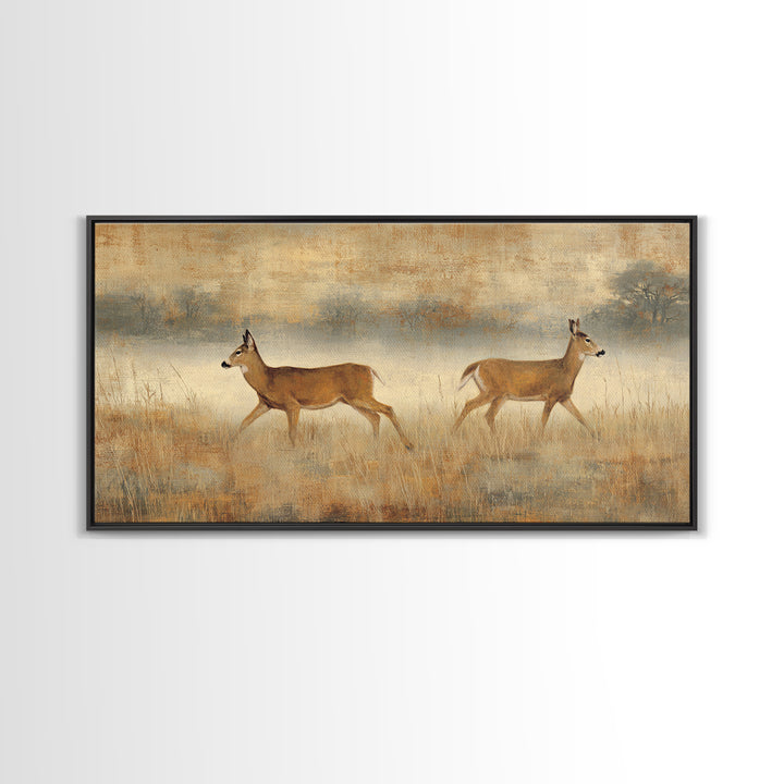 Deer Crossing a Misty Morning Field Framed Canvas Print, Country Art, Printable Art, Farmhouse Decor, Fine Art, Country, COU-2x1-55