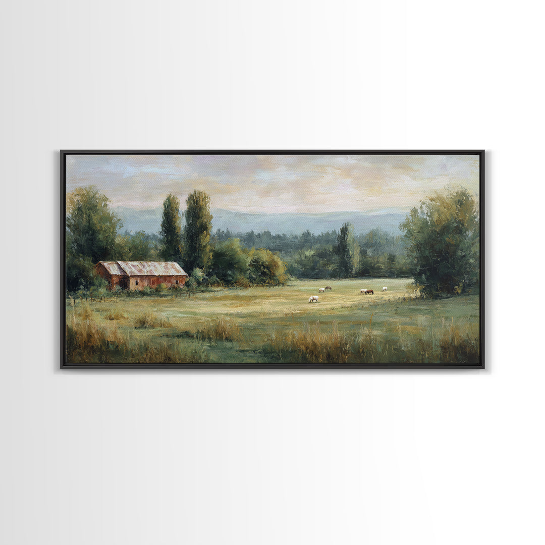 Rolling Pasture with Grazing Horses at Sunrise Canvas Print, Country Art, Large Wall Art, Farmhouse Decor, Fine Art, Country, COU-2x1-69
