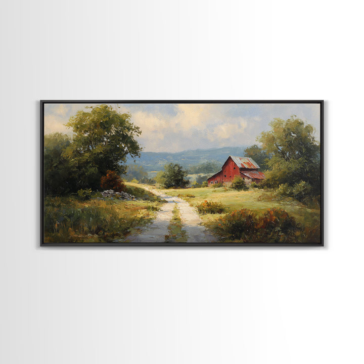 Country Road Disappearing into Green Hills Framed Canvas Print, Country Art, Statement Artwork, Farmhouse Decor, Country, COU-2x1-75