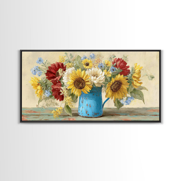 Sunflowers in a Blue Enamel Pitcher Canvas Print, Country Art, Farmhouse Decor, Country, Gallery Wall Art, Landscape Wall Art, COU-2x1-76