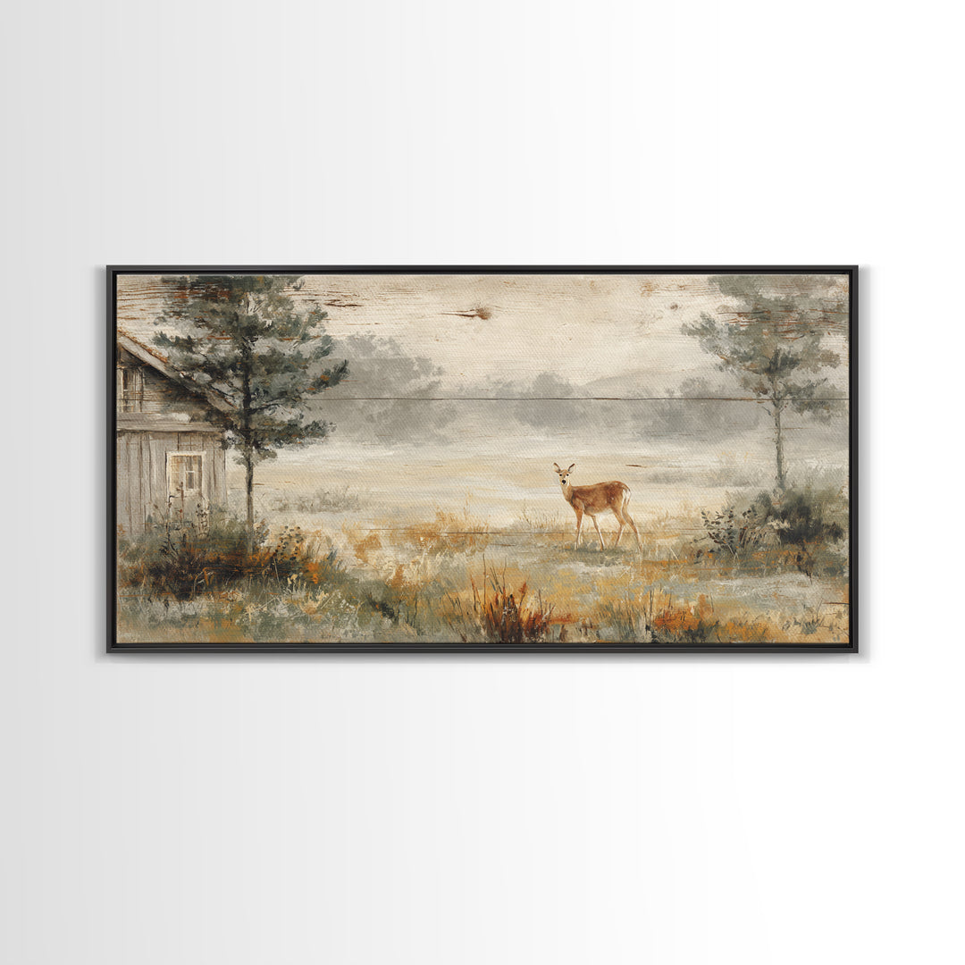 Deer Crossing a Misty Morning Field Framed Canvas Print, Country Art, French Country Decor, Farmhouse Decor, Fine Art, Country, COU-2x1-79