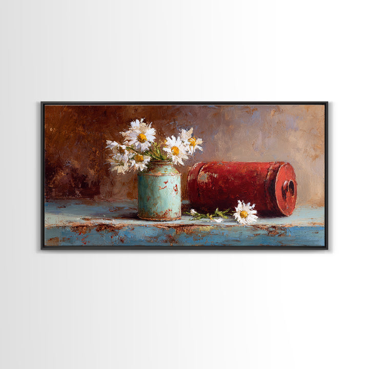 Milk Can and Daisies Rustic Still Life Framed Canvas Print, Country Art, Oil Painting, Farmhouse Decor, Watercolor Art, Country, COU-2x1-81
