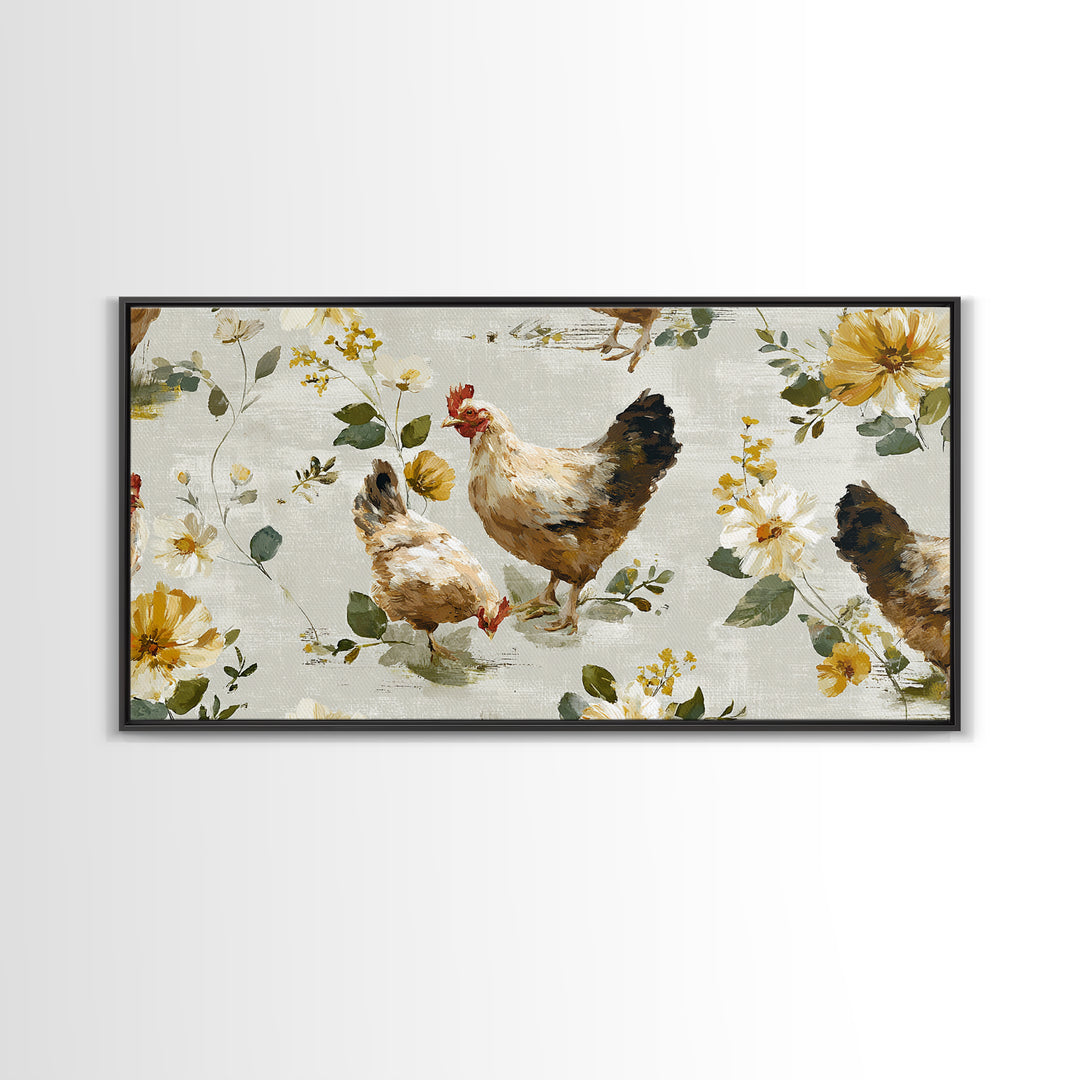 Chickens Pecking Near Garden Flowers Canvas Print, Country Art, Wall Art, Farmhouse Decor, Watercolor Art, Country, COU-2x1-82