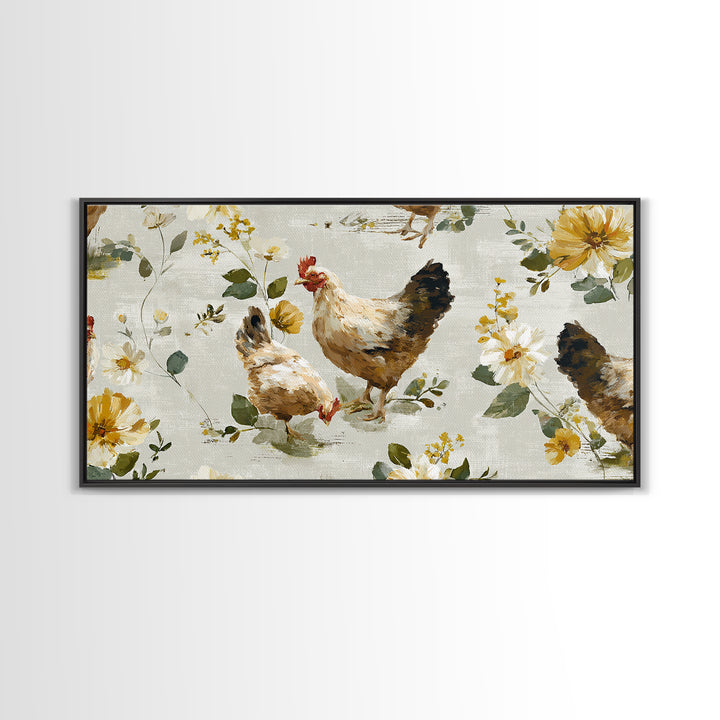 Chickens Pecking Near Garden Flowers Canvas Print, Country Art, Wall Art, Farmhouse Decor, Watercolor Art, Country, COU-2x1-82