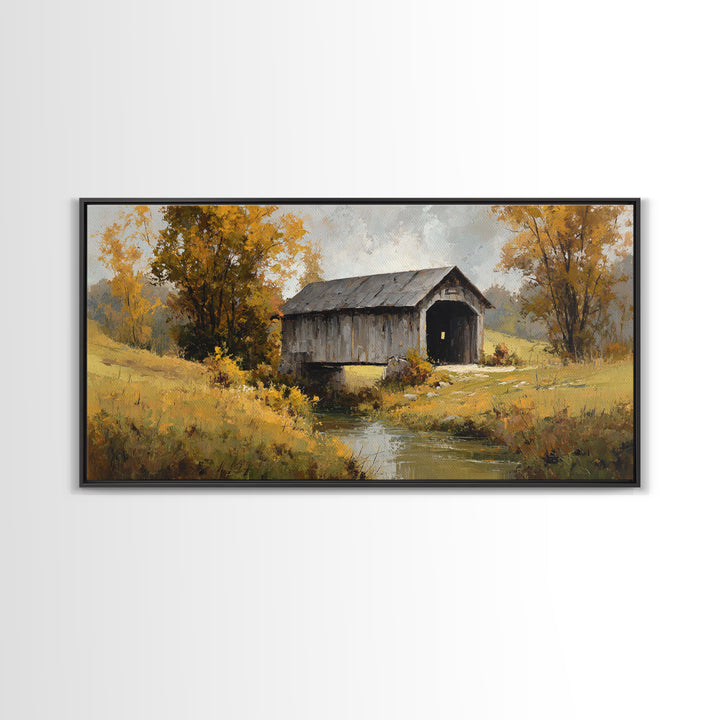 Covered Bridge over a Quiet Creek Framed Canvas Print, Country Art, Contemporary Art, Farmhouse Decor, Fine Art, Country, COU-2x1-83