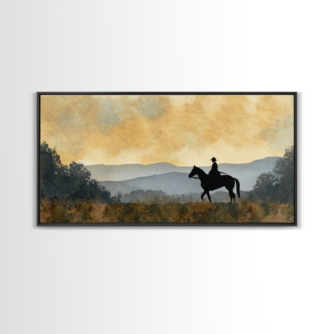 Horse and Rider Silhouette at Dusk Framed Canvas Print, Country Art, Digital Wall Art, Farmhouse Decor, Fine Art, Country, COU-2x1-85