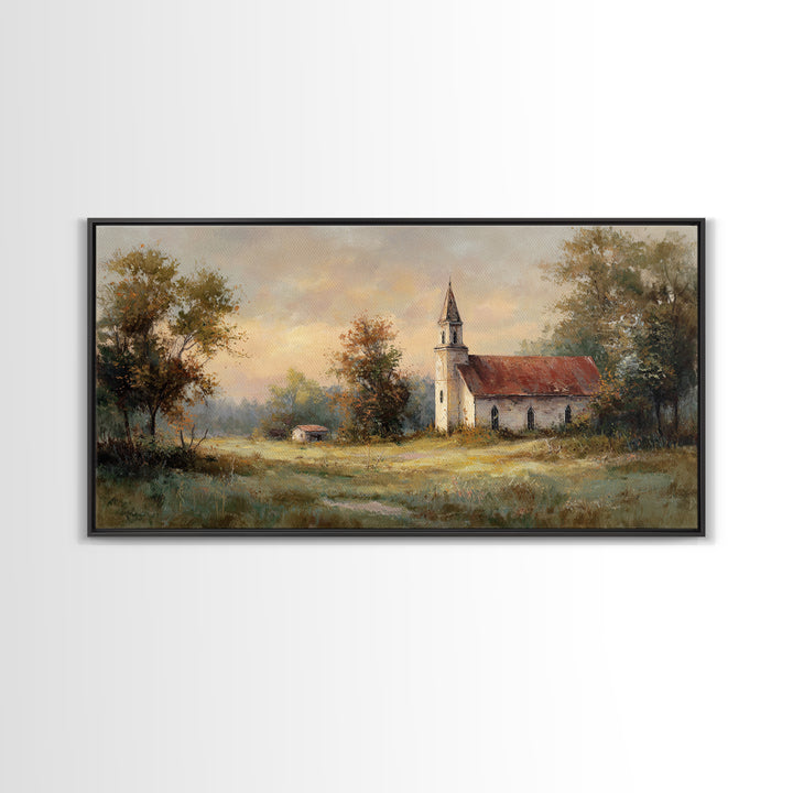 Country Church Steeple Beyond Trees Framed Canvas Print, Country Art, Digital Art Prints, Farmhouse Decor, Fine Art, Country, COU-2x1-87