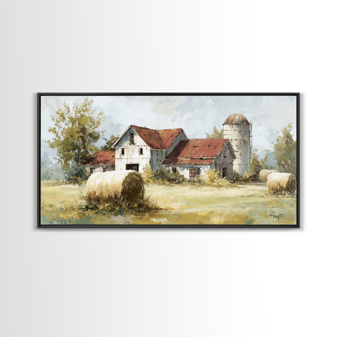 Hay Bales in Late Afternoon Sun Framed Canvas Print, Country Art, Digital Print, Farmhouse Decor, Country, French Country, COU-2x1-88