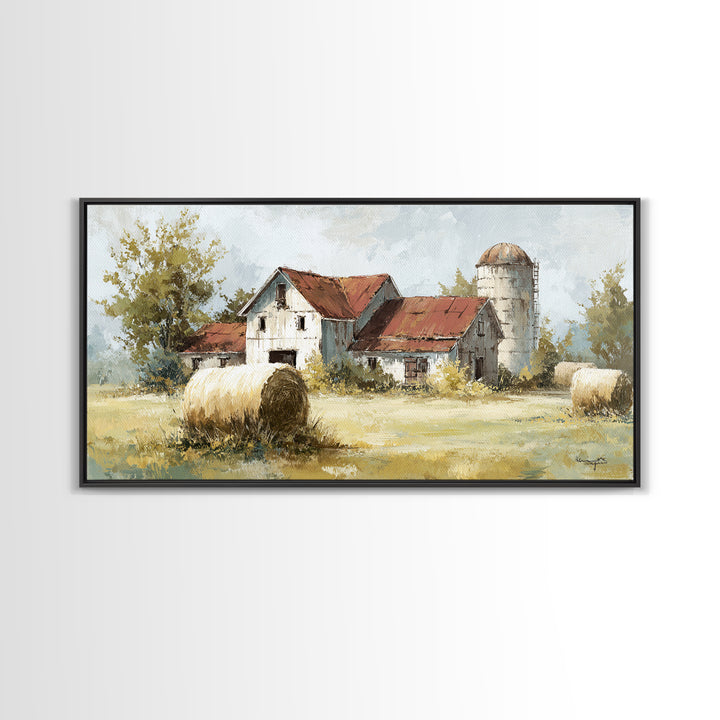 Hay Bales in Late Afternoon Sun Framed Canvas Print, Country Art, Digital Print, Farmhouse Decor, Country, French Country, COU-2x1-88