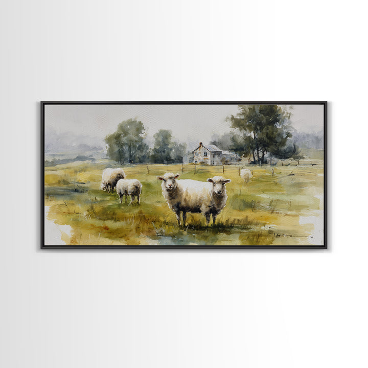 Watercolor Sheep in a Green Pasture Framed Canvas Print, Country Art, Printable Wall Art, Farmhouse Decor, Fine Art, Country, COU-2x1-91