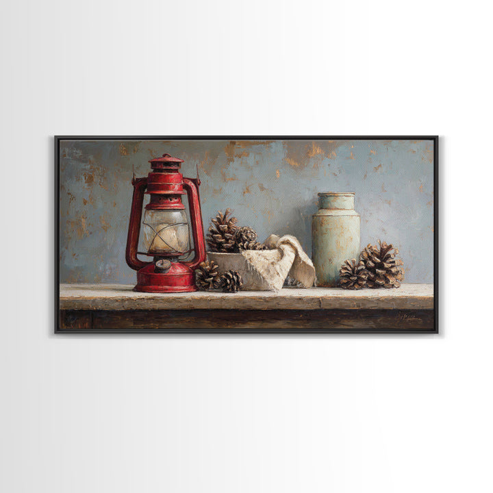 Old Lantern and Pinecones Still Life Framed Canvas Print, Country Art, Printable Art, Farmhouse Decor, Oil Painting, Country, COU-2x1-92