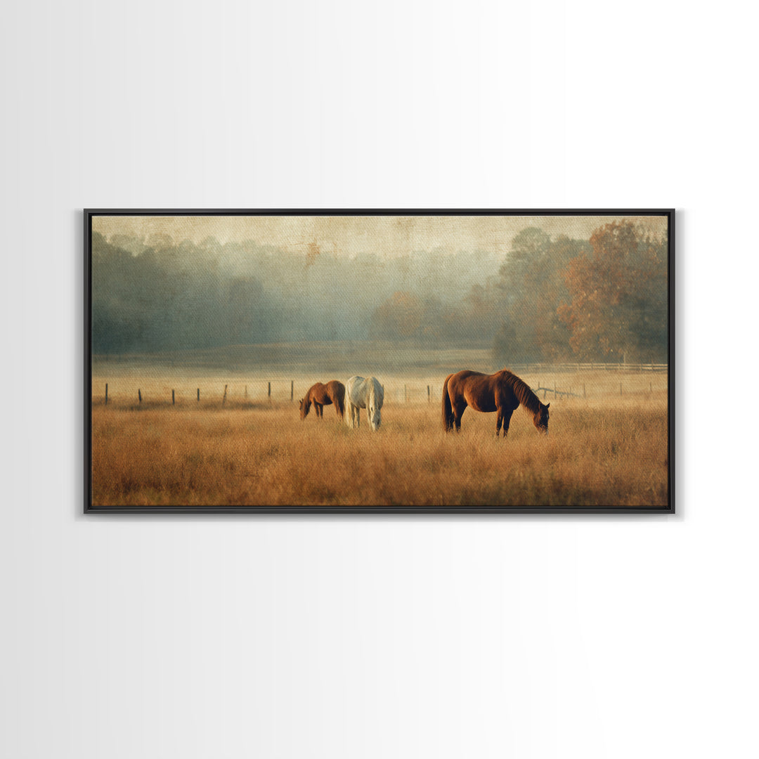 Rolling Pasture with Grazing Horses at Sunrise Canvas Print, Country Art, Large Wall Art, Farmhouse Decor, Fine Art, Country, COU-2x1-93