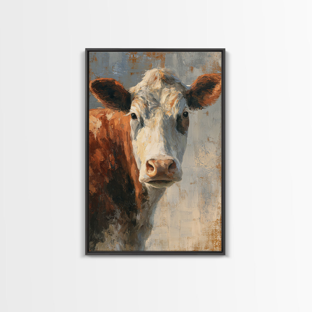Cow Portrait with Gentle Farmhouse Personality Framed Canvas Print, Country Art, Minimalist Decor, Farmhouse Decor, Country, COU-2x3-12